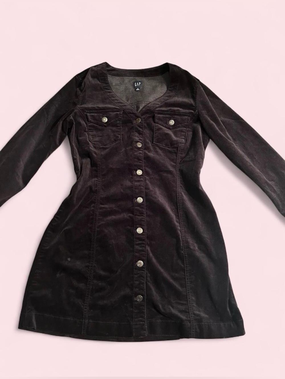 GAP Black Velour Button Front Mini Dress Women’s Medium Y2K Long Sleeve